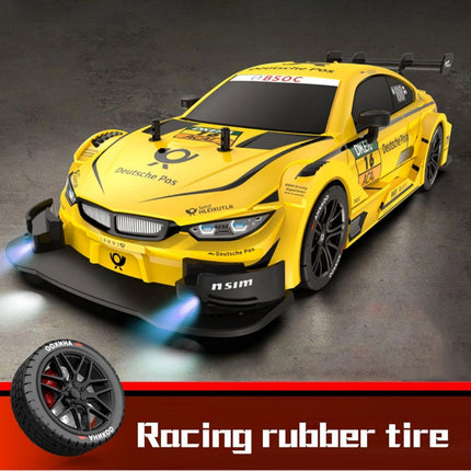Yellow racing car with visible branding on a dark background
