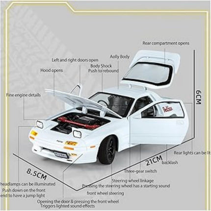 White toy car with open doors and hood on a gray background with text and measurements.