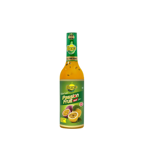 Bottle of Maraca Passion Fruit juice on a white background