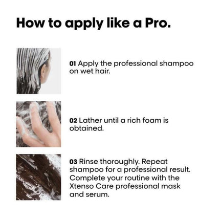 Instructions on how to apply professional shampoo with images of hair being washed.