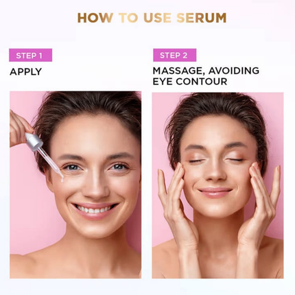 Step-by-step guide on how to use serum with a woman applying and massaging it onto her face.
