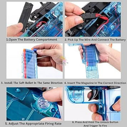 Step-by-step guide on how to assemble and operate a small mechanical device, likely a toy gun.