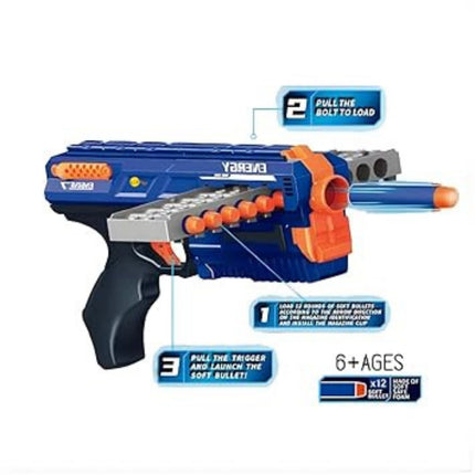 Nerf gun with blue and orange design on a white background