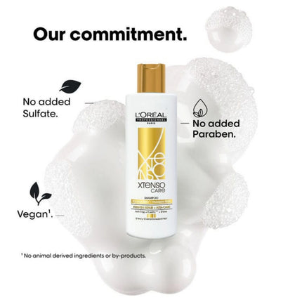 L'Oreal Xtenso Care shampoo bottle with commitment text on a white background