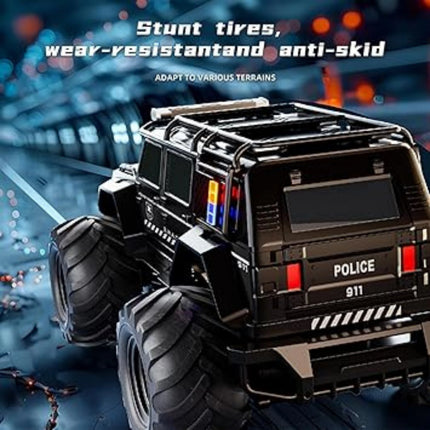 Toy police vehicle with large tires on a blurred city street background