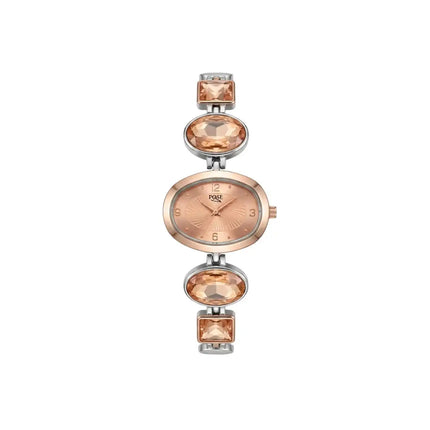Rose gold watch with gemstone accents on a white background