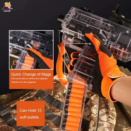 Orange and black gun with magazine holder on a camouflage background