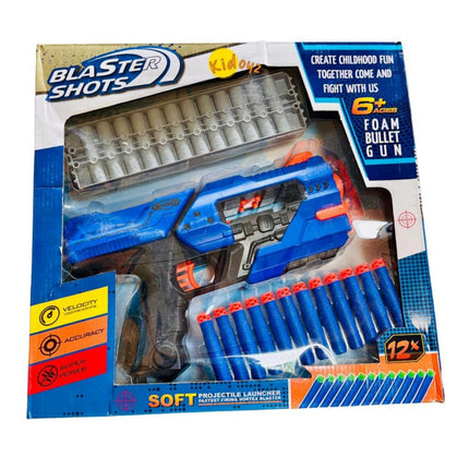 Blaster Shots foam bullet gun packaging with blue gun and foam darts on a white background
