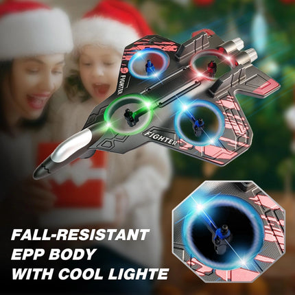 Toy drone with colorful lights in front of a blurred Christmas scene with children.