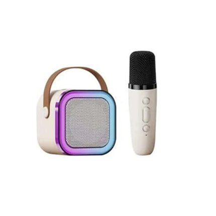 Portable speaker with colorful front panel and microphone on a white background