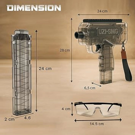 Dimensions of a UZI-SMG model, magazine, and safety glasses on a beige background.