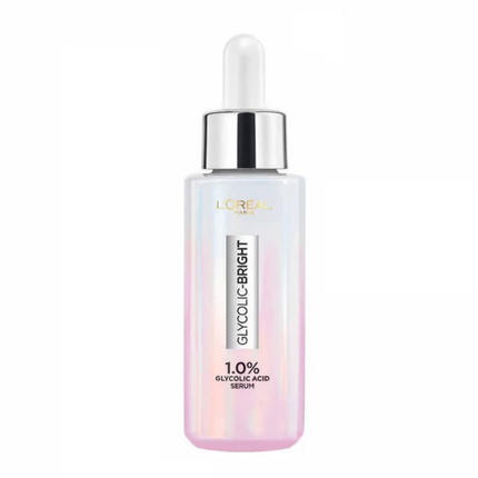 L'Oreal Glycolic Bright serum bottle on a white background