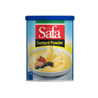 Can of Safa Custard Powder with a bowl of custard and fruit on the label.