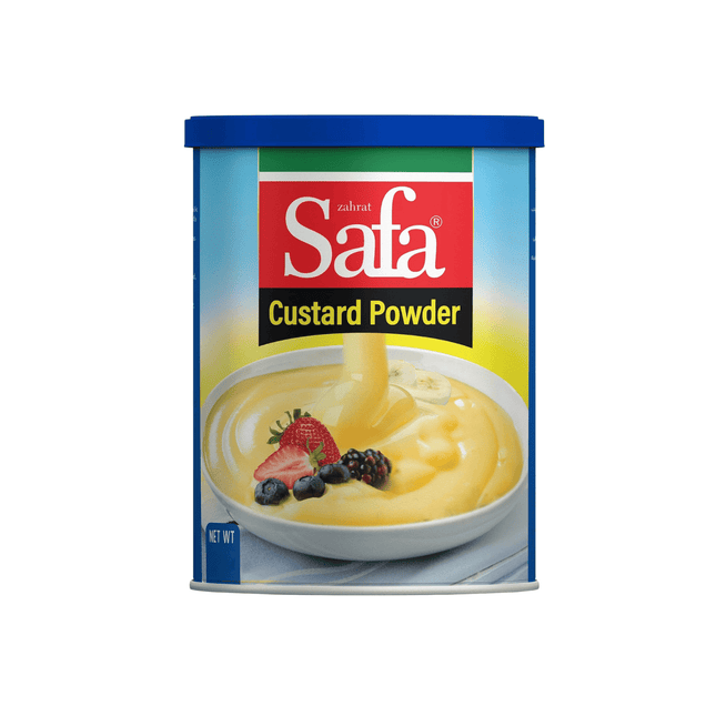 Can of Safa Custard Powder with a bowl of custard and fruit on the label.