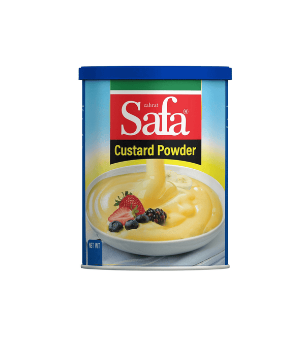 Can of Safa Custard Powder with a bowl of custard and fruit on the label.