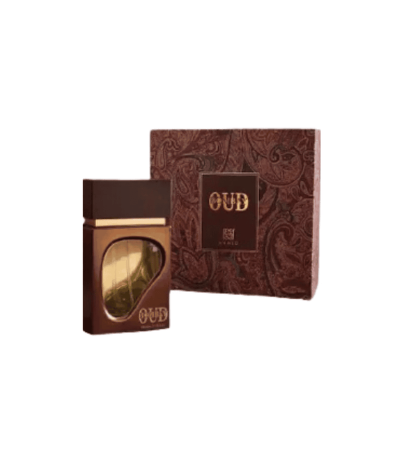 Oud perfume bottle and packaging on a white background