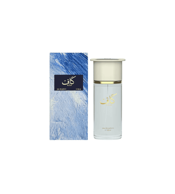Perfume bottle and packaging with blue and white design on a white background