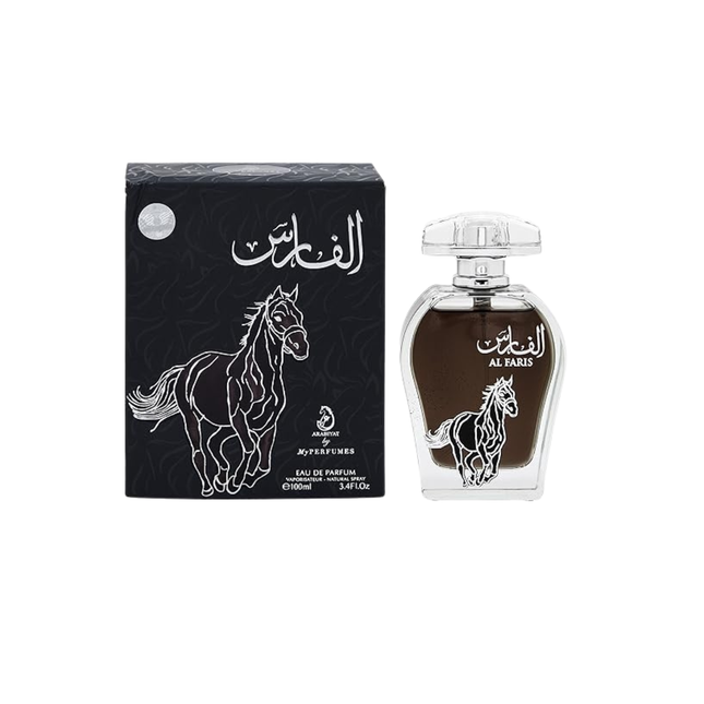Perfume bottle and packaging with horse design on a white background