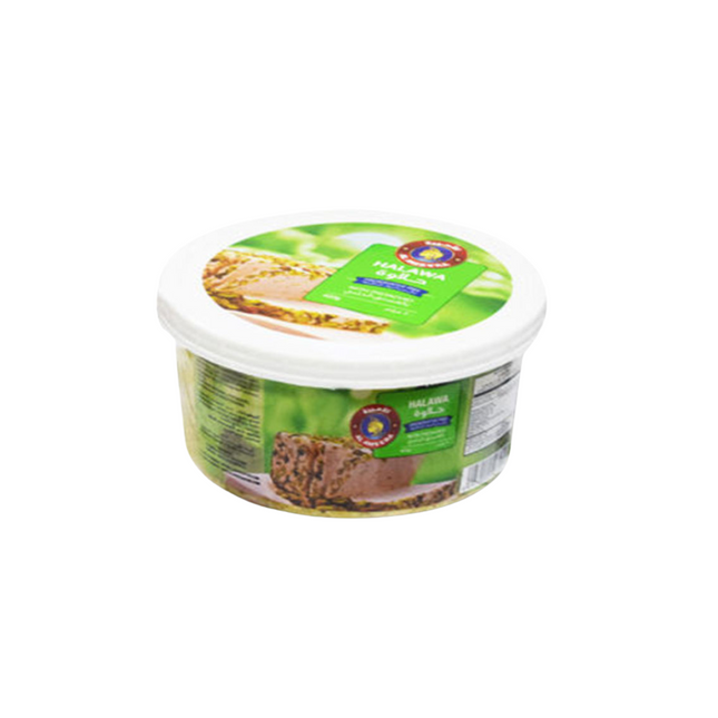 Container of food with green and white label on a white background