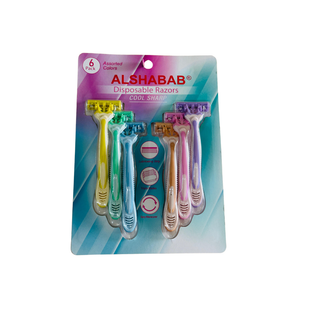 Pack of Alshabab disposable razors with colorful handles on a white background