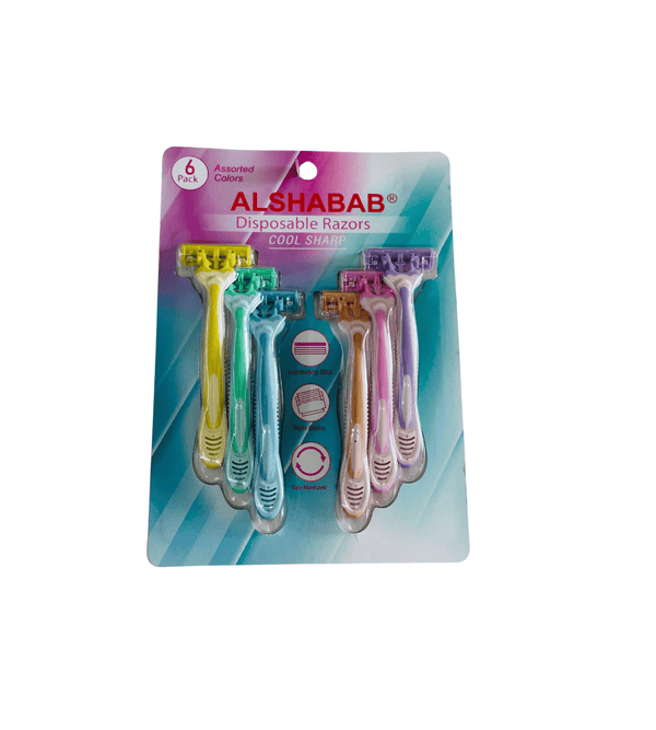 Pack of Alshabab disposable razors with colorful handles on a white background