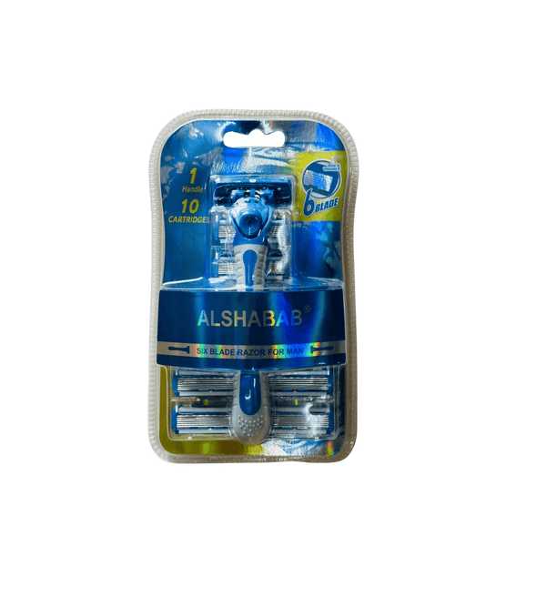 Alshabab six blade razor packaging with blue and silver design on a white background