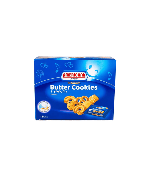 Box of Americana Premium Butter Cookies on a white background
