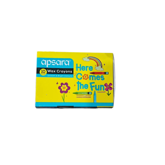 Box of Apsara wax crayons with a yellow and blue design on a white background