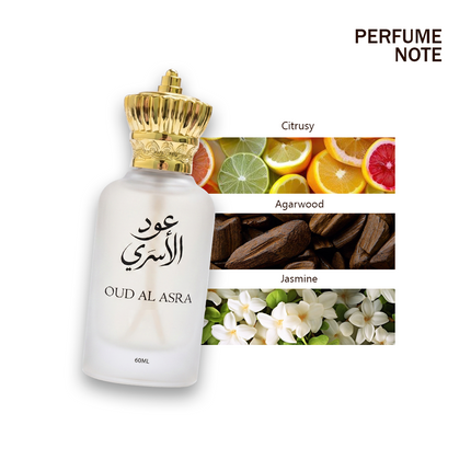 A bottle of Oud Al Asra perfume with a gold crown cap and white bottle, shown next to fragrance notes including citrus, agarwood, and jasmine, with the text 'PERFUME NOTE' on a white background.