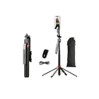 Selfie stick with tripod, remote control, and carrying case on a white background