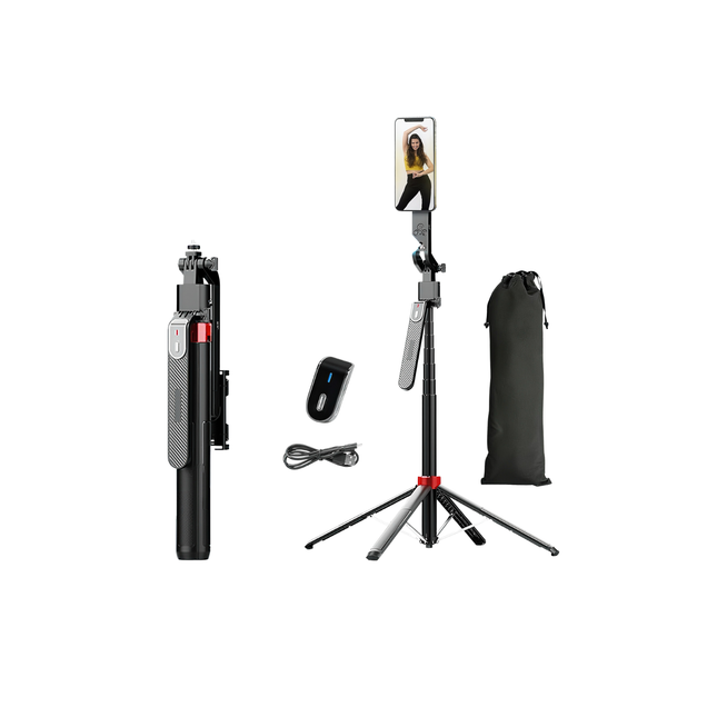 Selfie stick with tripod, remote control, and carrying case on a white background
