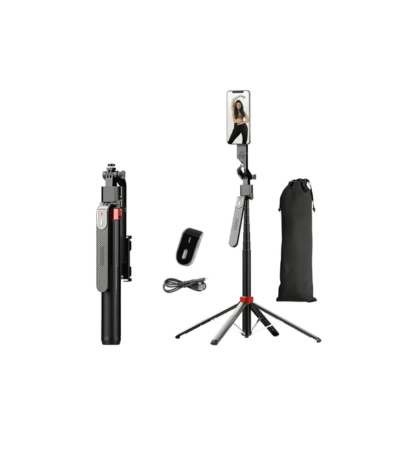 Selfie stick with tripod, remote control, and carrying case on a white background