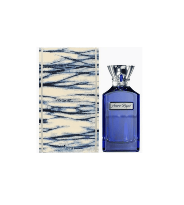 Blue perfume bottle with decorative box on a white background