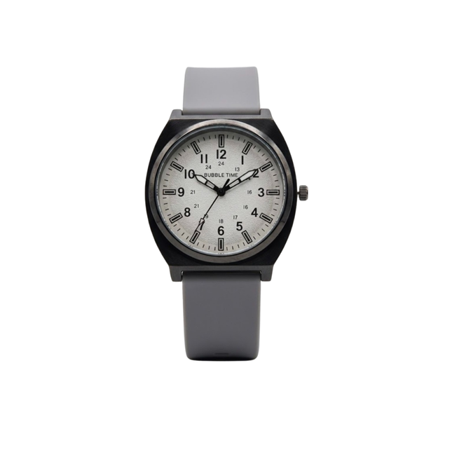 Watch with gray strap and black case on a white background