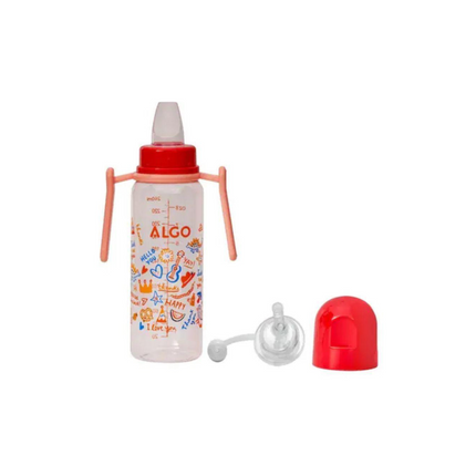 Baby bottle with colorful design and accessories on a white background