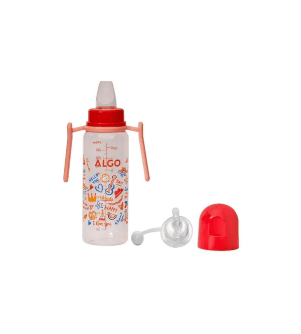 Baby bottle with colorful design and accessories on a white background