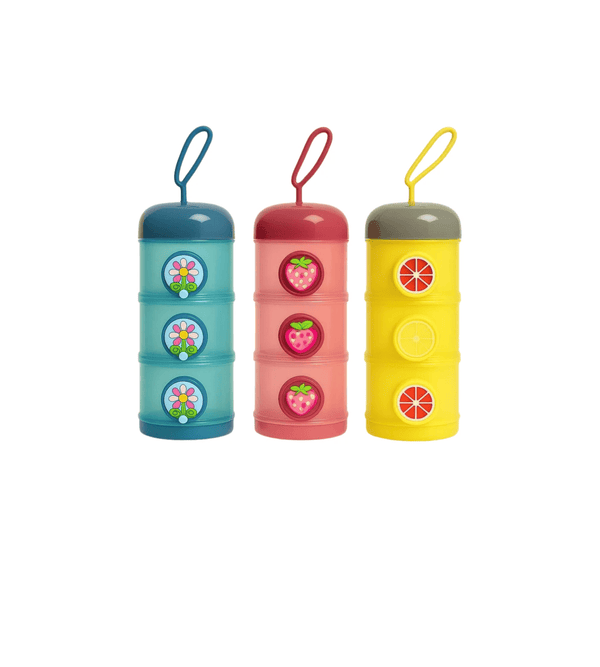 Three colorful cylindrical containers with fruit-themed designs on a white background