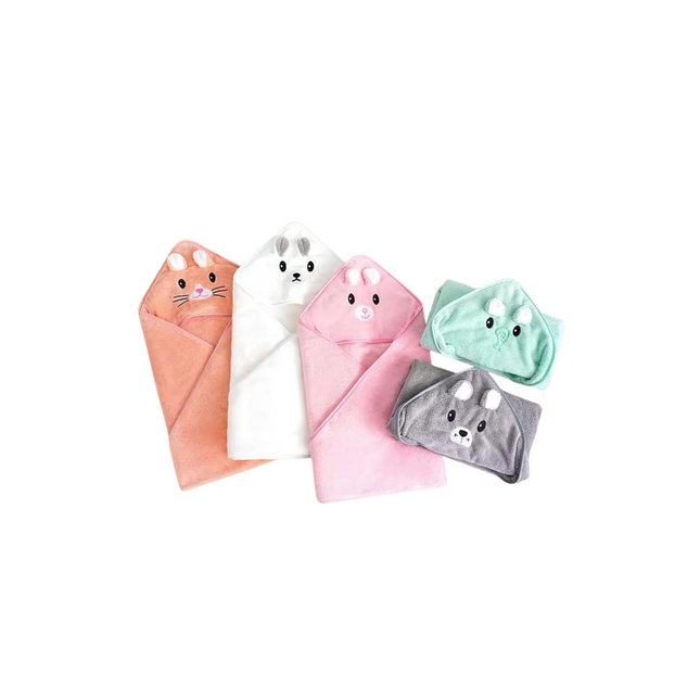 Set of five animal-themed hooded towels in various colors on a white background