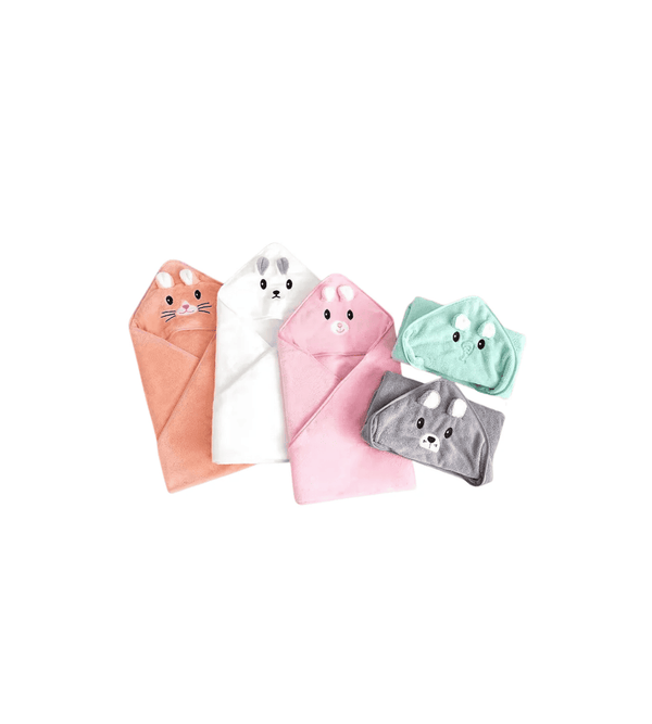 Set of five animal-themed hooded towels in various colors on a white background