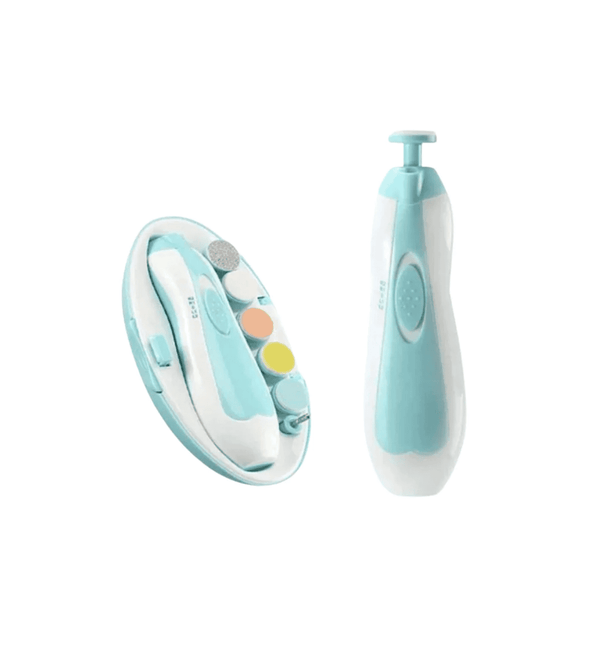 Two baby products, a blue and white device and a colorful handheld tool, on a white background.