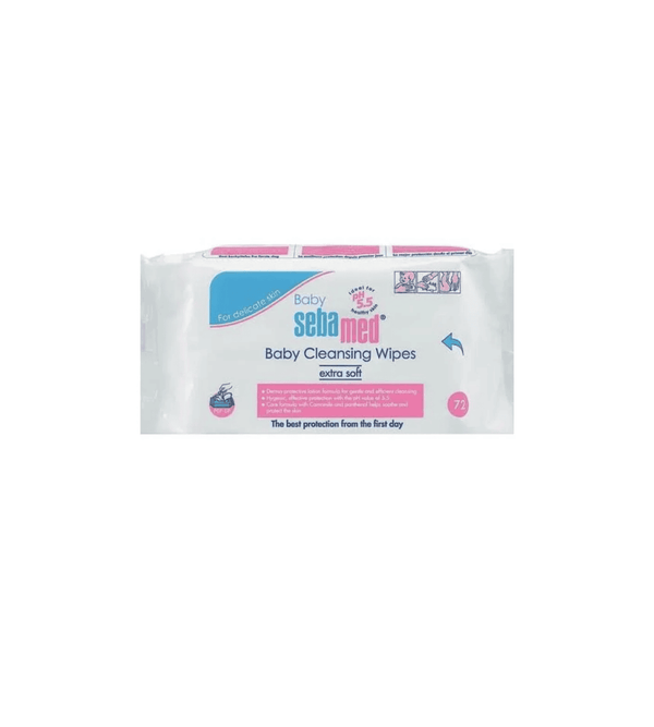 Pack of Baby Seba med cleansing wipes on a white background