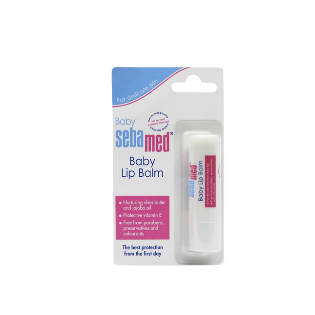 Sebamed baby lip balm packaging on a white background