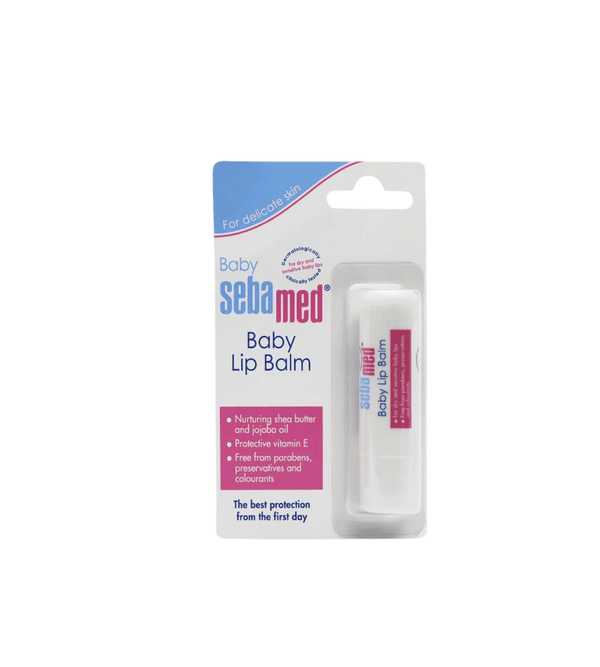 Sebamed baby lip balm packaging on a white background