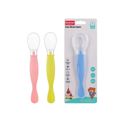 Three baby silicone spoons in pink, yellow, and blue with their packaging on a white background.