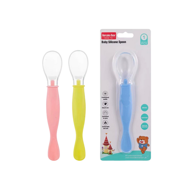 Three baby silicone spoons in pink, yellow, and blue with their packaging on a white background.