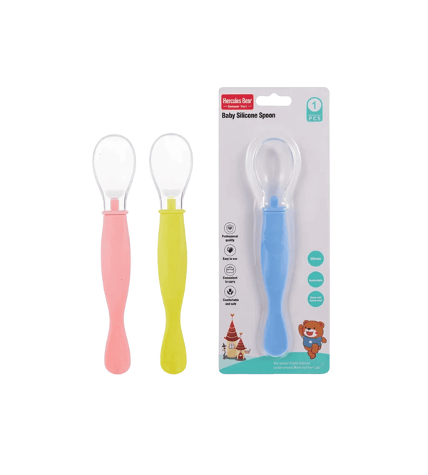 Three baby silicone spoons in pink, yellow, and blue with their packaging on a white background.