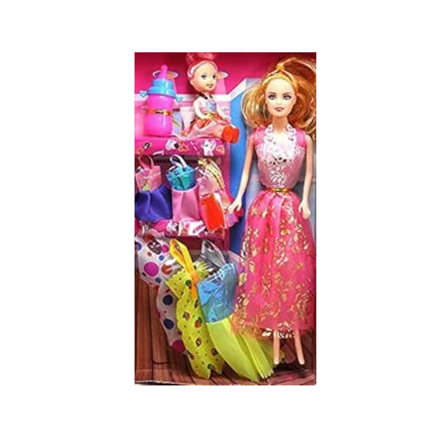 Barbie doll with accessories in packaging on a white background