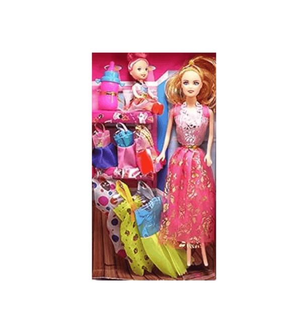 Barbie doll with accessories in packaging on a white background