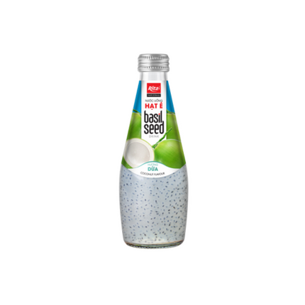Bottle of basil seed drink with a white background
