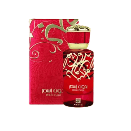 Red perfume bottle with gold accents and matching red packaging on a white background